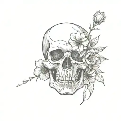 sketch of skull facing towards the right with 2 flowers coming out of the the eye socket tattoo design idea