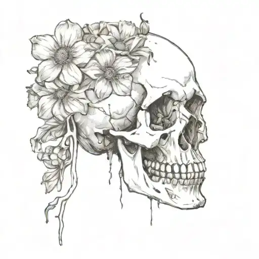 sketch of skull facing towards the right with 2 flowers coming out of the the eye socket tattoo design idea