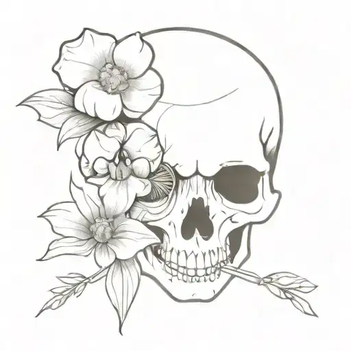 sketch of skull facing towards the right with 2 flowers coming out of the the eye socket tattoo design idea