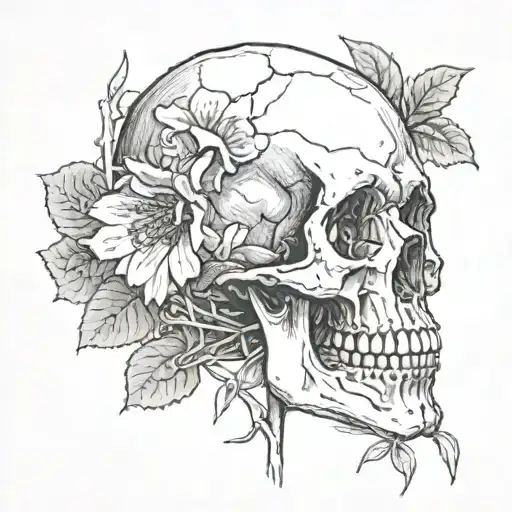 sketch of skull facing towards the right with 2 flowers coming out of the the eye socket tattoo design idea