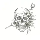 sketch of skull facing towards the right with 2 flowers coming out of the the eye socket tattoo design idea