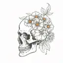 sketch of skull facing towards the right with 2 flowers coming out of the the eye socket tattoo design idea