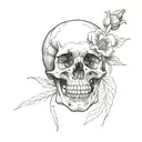 sketch of skull facing towards the right with 2 flowers coming out of the the eye socket tattoo design idea