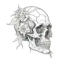 sketch of skull facing towards the right with 2 flowers coming out of the the eye socket tattoo design idea