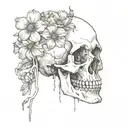 sketch of skull facing towards the right with 2 flowers coming out of the the eye socket tattoo design idea