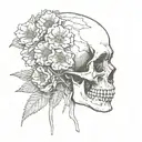 sketch of skull facing towards the right with 2 flowers coming out of the the eye socket tattoo design idea