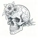sketch of skull facing towards the right with 2 flowers coming out of the the eye socket tattoo design idea