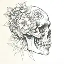 sketch of skull facing towards the right with 2 flowers coming out of the the eye socket tattoo design idea