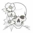 sketch of skull facing towards the right with 2 flowers coming out of the the eye socket tattoo design idea