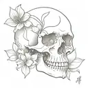 sketch of skull facing towards the right with 2 flowers coming out of the the eye socket tattoo design idea