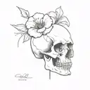 sketch of skull facing towards the right with 2 flowers coming out of the the eye socket tattoo design idea