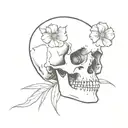 sketch of skull facing towards the right with 2 flowers coming out of the the eye socket tattoo design idea