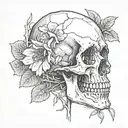 sketch of skull facing towards the right with 2 flowers coming out of the the eye socket tattoo design idea