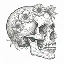 sketch of skull facing towards the right with 2 flowers coming out of the the eye socket tattoo design idea