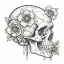 sketch of skull facing towards the right with 2 flowers coming out of the the eye socket tattoo design idea