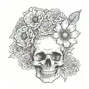 sketch of skull facing towards the right with 2 flowers coming out of the the eye socket tattoo design idea