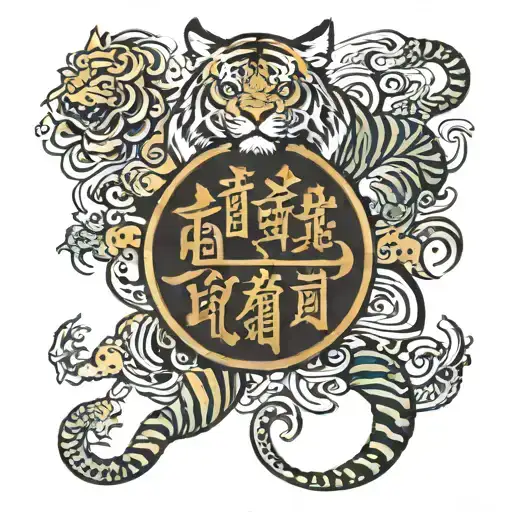 the words "integrity, class, worth & respect" in Chinese with tiger on upper arm tattoo design idea