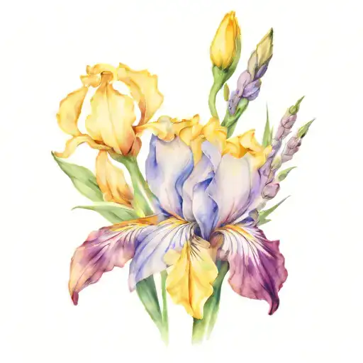 bouquet purple iris chrisenthem yellow aster blue tattoo design idea
