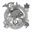 circle Canadian maple leaf fish hooks stems tattoo design idea