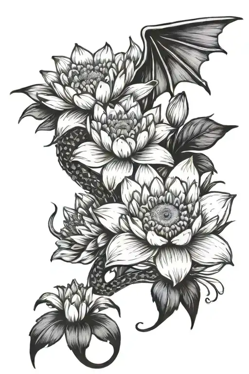 dragon tattoo with a daisy flower, 2 daffodils and a water lily tattoo design idea