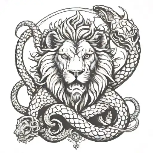 The essence of a lion wrapped around a snake and placed on the head of a devil with a wolf standing beside it tattoo design idea
