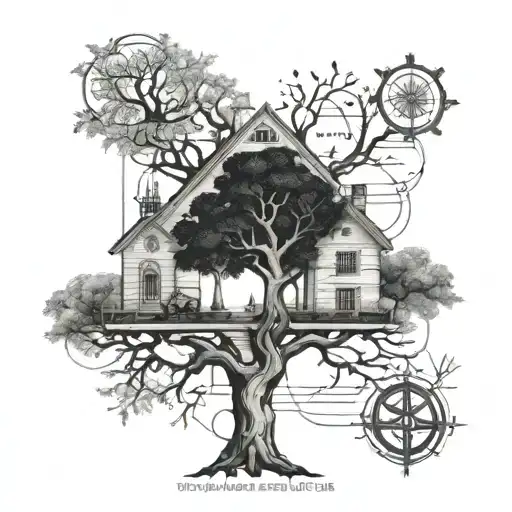 Architectural blueprint of a family tree intertwined with religious symbols tattoo design idea