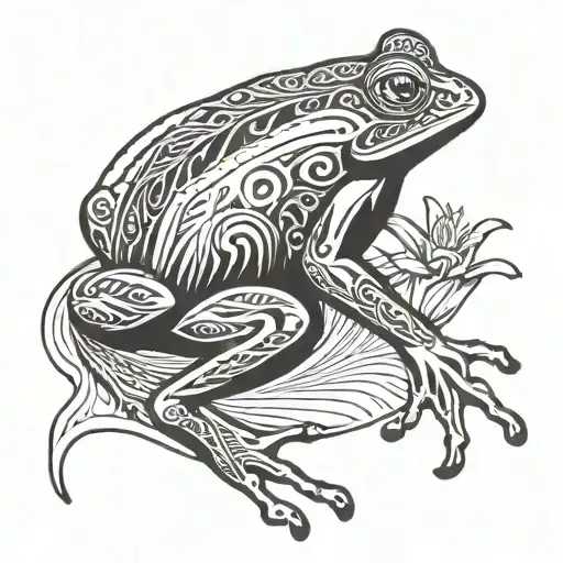 Frog from back showing all legs framed with lily pads tattoo design idea