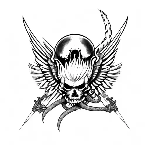 fire skullbomb with wings and anchor navy tattoo design idea