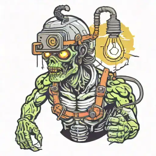 Electrician zombie with helmet, tools and a light bulb with neon details half body tattoo design idea