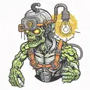 Electrician zombie with helmet, tools and a light bulb with neon details half body tattoo design idea
