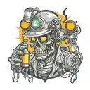 Electrician zombie with helmet, tools and a light bulb with neon details half body tattoo design idea