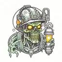 Electrician zombie with helmet, tools and a light bulb with neon details half body tattoo design idea