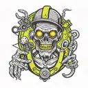 Electrician zombie with helmet, tools and a light bulb with neon details half body tattoo design idea