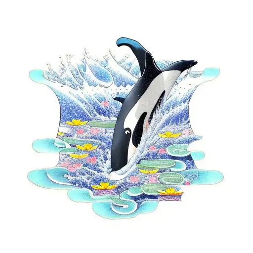 killer whale and water lilies tattoo design idea