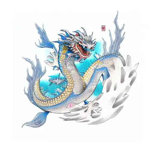 A Japanese dragon swimming among marine animals in an aquarium tattoo design idea