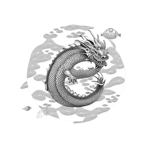 A Japanese dragon swimming among marine animals in an aquarium tattoo design idea