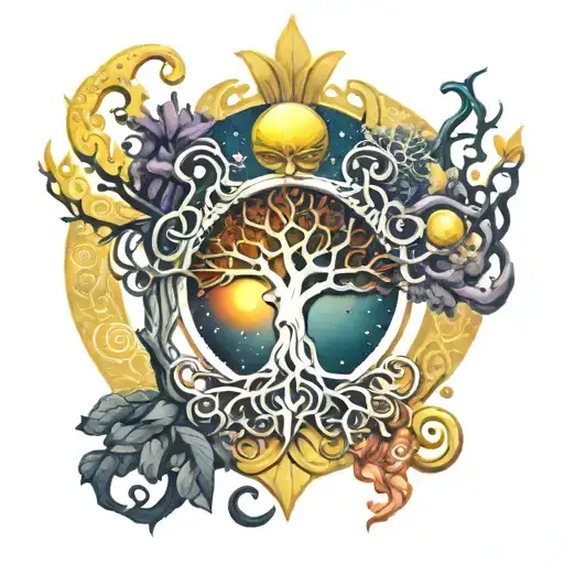 sun  moon king crown tree of life roots  tattoo design idea