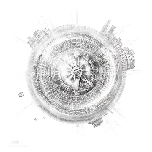 ACTS 2:17 bubble writing with first half heavenly cityscape and second half apocalyptic cityscape tattoo design idea