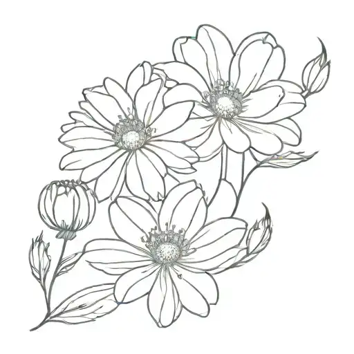 chrysanthemum flower and violet flower and cosmos flower intertwined  tattoo design idea