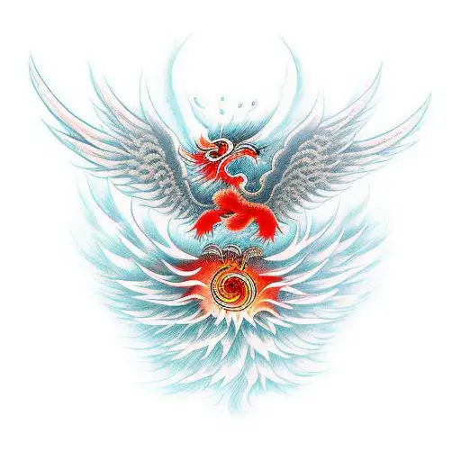 ancient chinese vermillion bird surrounded by flames with burning wings looking dangerous tattoo design idea