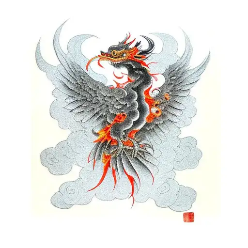 complete ancient chinese vermillion bird surrounded by flames with burning wings looking dangerous tattoo design idea