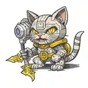 A video game inspired tattoo of a cat warrior wielding a computer mouse as a weapon in a pixel art style tattoo design idea