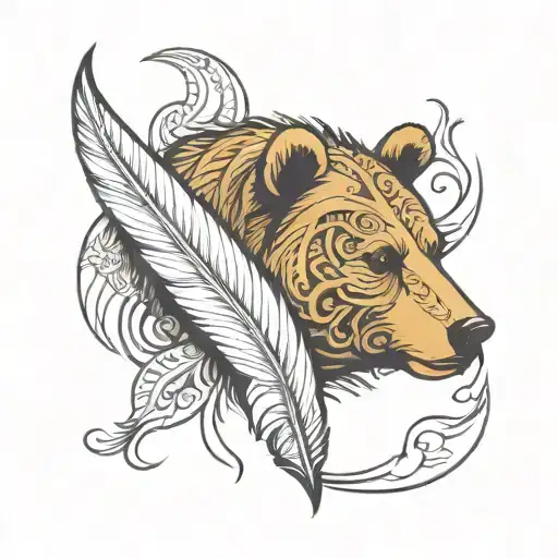 a bear head in a cradle of 5 swan feathers in a tribal motif and abstract tattoo design idea