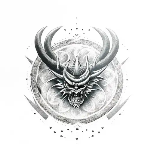 bog devil cursed eye with horns and satanic elements tattoo design idea