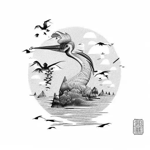 asian landscape with stork tattoo design idea