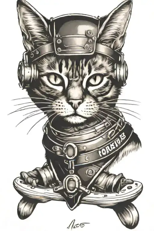 A black and grey portrait of a cat wearing wakeboarding gear tattoo design idea