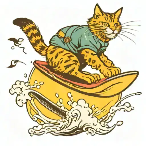 A wakeboarder catching air with a cat riding on the board with them tattoo design idea
