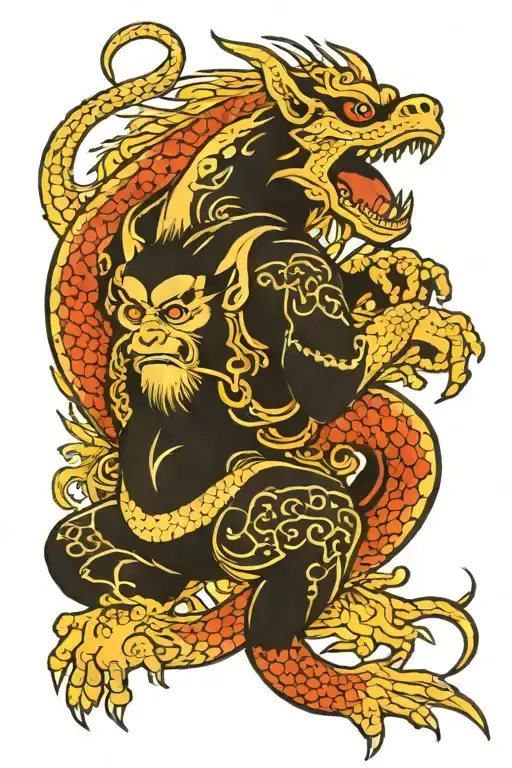 Dragon hugs monkey tattoo design idea