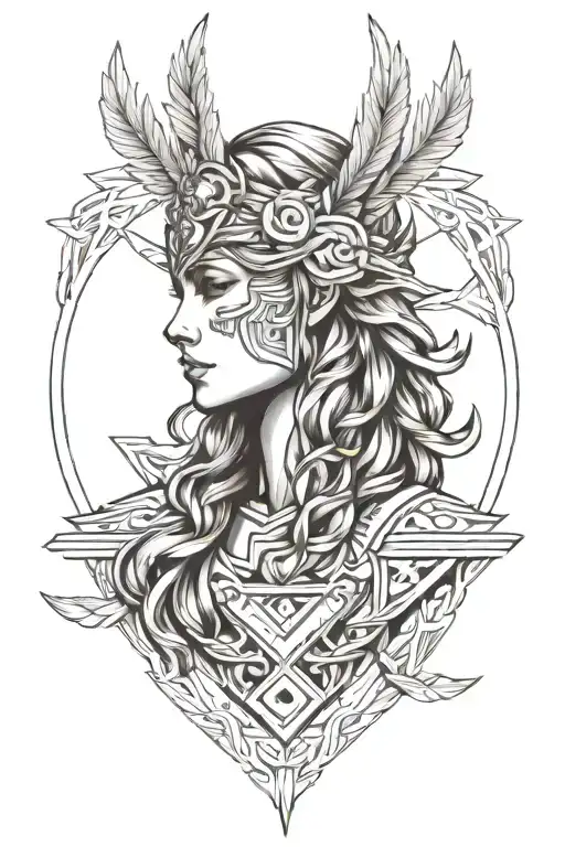 aggressive Valkyrie in intertwined laurel wreaths tattoo design idea