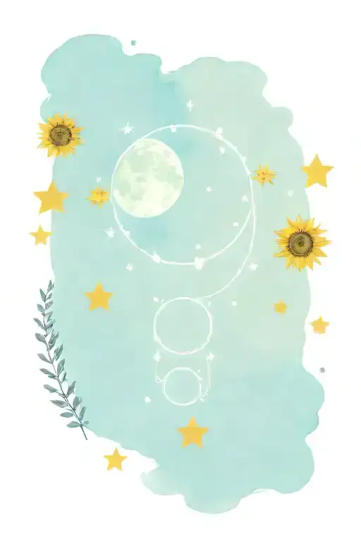 moon phases with sunflower and Leo constellation tattoo design idea